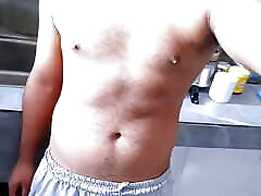 Young Indian desi gym boy big muscle body and big bulge showing in camera