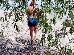 Beby Spanked Outside Into Submission On A Rock In Tight Jeans Shorts..waiting For Cock Dripping Wet Through Her peito pontudo 6 Min