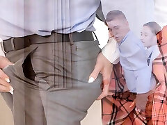 Sexy short plaid skirt relaxes mad husband with rimjob