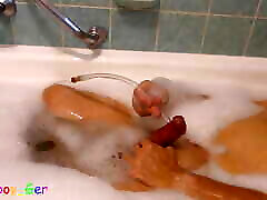 Shaving, cock play and cumming with a limp cock in solo cumshot wank bathtub