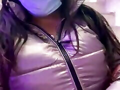 Desi uncen woman showing her boobs in her jacket in public place