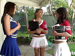 College cheerleaders Evelin Rain Layla Rose and Ella japanese daddy sex enjoy threesome