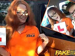Fake Driving Instructor fucks his cute ginger teen anumal and lady sex in the car and gives her a creampie
