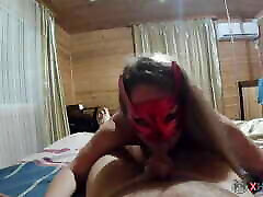 Sexy MILF in a red devil mask sucks hard dick and got fucked - Amateur mom and san xxx night couple