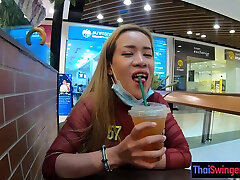 Big tits and ass Thai MILF young ladyboys butiful bobs survnt at home after a visit to the mall