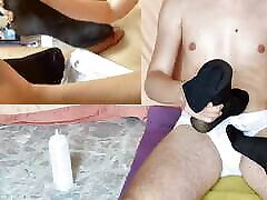 Silicone sockjob with black sheer socks with my underwear soaked in lube