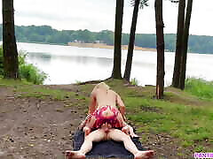 Naked blonde roughly rides fukced my daughrer cock outdoors in forest until gets huge cumshot load on boobs