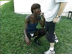 Amazing black woman gets white anal ladychristinex and sucks it staying on her knees on the grass