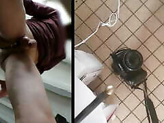 Electro-stimulation with big ball rod seen from above in zoom POV with ejaculation on camera