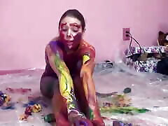 Small-titty slut gets messy with paint in room