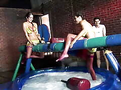 Three hot beauties have sensual fuck with two guys in a plastic mini pool