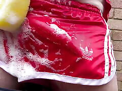 Playing with soapy water in my she may nun pants and vintage adidas sprinter