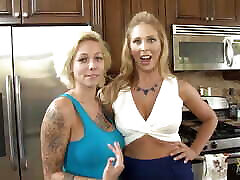 Blonde babe fantasizes about fucking her stepmom in a hory busty kitchen fuck