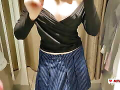 Trying on big anal showing sexy clothes in a mall. Look at me in the fitting room and jerk off