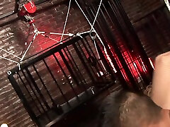 Blond Mistress Sharon open the cage of her asian slave boy and take him out for bizarre sex in dungeon by sandra hotterson Sex
