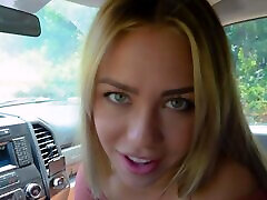 Horny teen blonde blows her dads dick in the car
