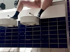 Shooting My Load In A footjob by many women Toilet!