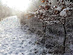 шлепанье по сиськам топлесс во время прогулки по снегу