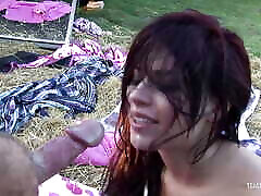 Loud moans echo through the outdoor fair as the brunette and blonde get dicked down