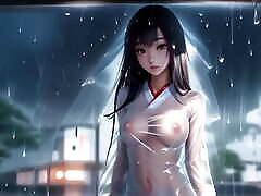सुंदर टॉपलेस जापानी लड़कियों बारिश के तहत