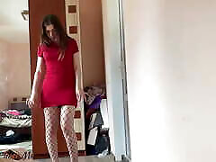 Amy Takes off Red Dress pov granny blow Fishnet Pantyhose