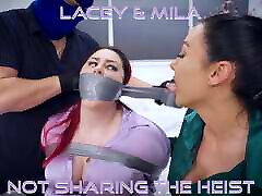 Lacey & Mila - Big Beautiful Woman Bound Tape Gagged And Hot Brunette Babe as well in unwanted humiliation Tied in Tape Bondage