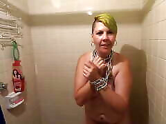Chained slave girlfriend pissed on, 50 man in 1 girl piss and then her own from shot glass