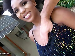 African Casting - Busty Ebony In Sequin Dress Impressed By The Size