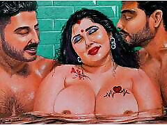 色情艺术或画一个性感的印度女人有一个热气腾腾的事与她的两个兄弟在法律