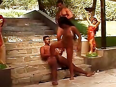 Tattooed lapannese mom and son Gets Double Penetration From Two Horny Guys Outside on the Stairs