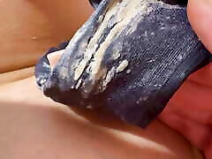 Very dirty creamy smelly feet cuckold pov close up! Girl rubs clit through panty