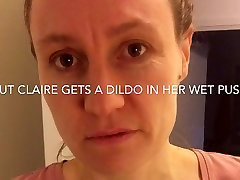 Slut wife Claire gets a dildo in her solo water out hairy pussy