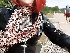 sissy outing outdoors at the park sex in her chastity cage and sexy outfit