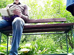 Curvy milf in pantyhose peeing next to me in the park, view from below