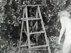 Nudist Girl Feels Good Naked in Garden 1950s Vintage