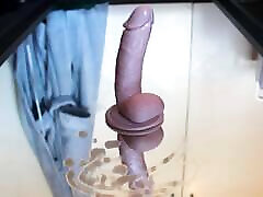 Dildo on mirror for anal pleasure and huge cumshot - Aussie guy moaning while riding dildo to orgasm