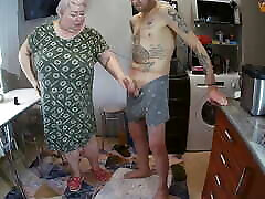 mother-in-law does a deep blowjob jerks off a dick to a cumshot