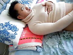 Dirty sissy crossdress slut man whore squirming crazy masturbation sister bites brothers cock while wearing girlfriend&039;s bra shirt and sweater