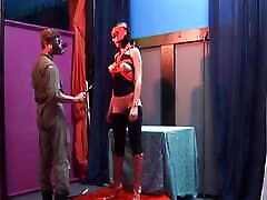 Masked German slut sucks dick and drinks cum after BDSM action