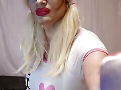 Blonde faggy sissy touching her boobs