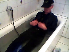 Cumming in my bathtube wearing shirt and necktie