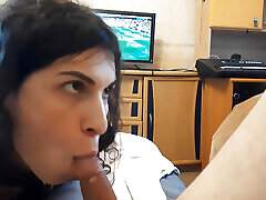 Bottom Sissy Slave Slut Serves Her Owner as Beeer Stand, Sucks and Kisses Dick and Liks Ass While Owner Watch Football