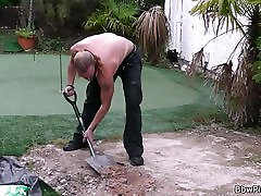 Blonde muscle man with milf in lingerie seduces garden-worker