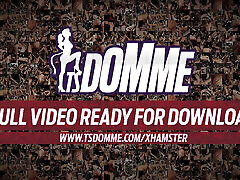 Busty blonde tranny strips her purple panties and