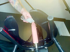 fuck machine under the rim seat with pink chastity cage