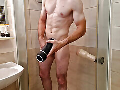 Fitness guy solo jerking in shower with huge cum
