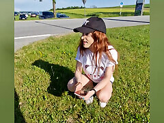 Cute tranny girl pees in her sexy shorts! Public walk after wetting!