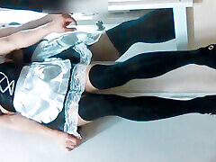 Asian slutty sissy in maid costume walks down a slippery snowy road in high heels to a public women&039;s room, as master&039;s wish.