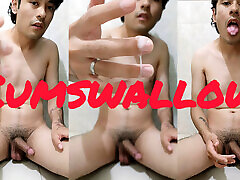 Young lad jerks off in his bathroom and swallows his cum