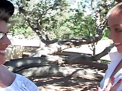 Cute Teen Seduced and Fucked in the Garden with a Strapon by a Busty bbw beauty monster cock MILF